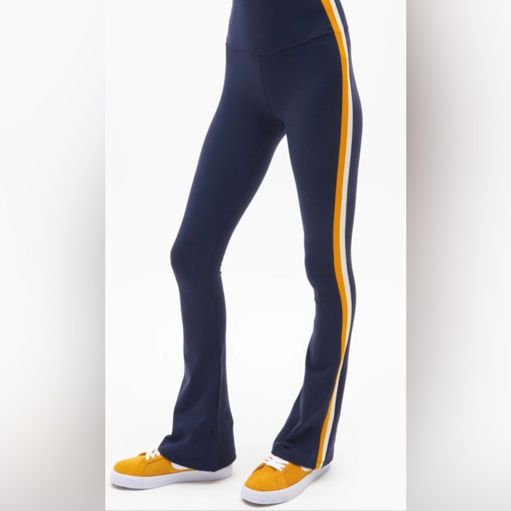 Splits59 Navy Flared leggings with Yellow and white stripes down legs